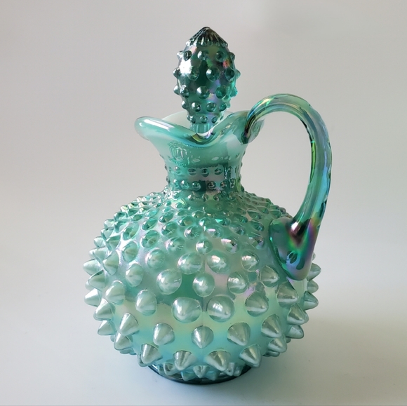 🥰 Fenton 6" Irredescent Hobnail Green Glass Overlay Cruet & Stopper 😍 - Picture 4 of 11